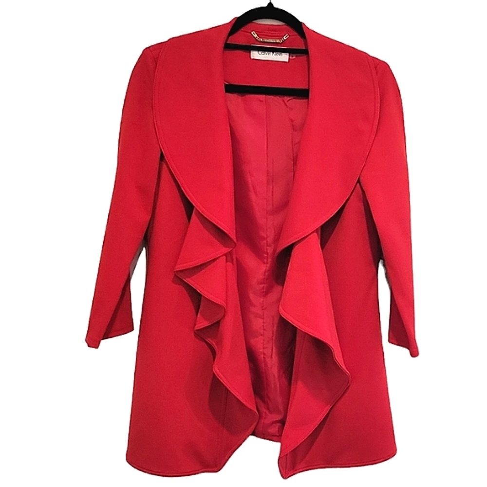 Calvin Klein 2 Red Draped Ruffled Collarless Open Front Long Cardigan Blazer